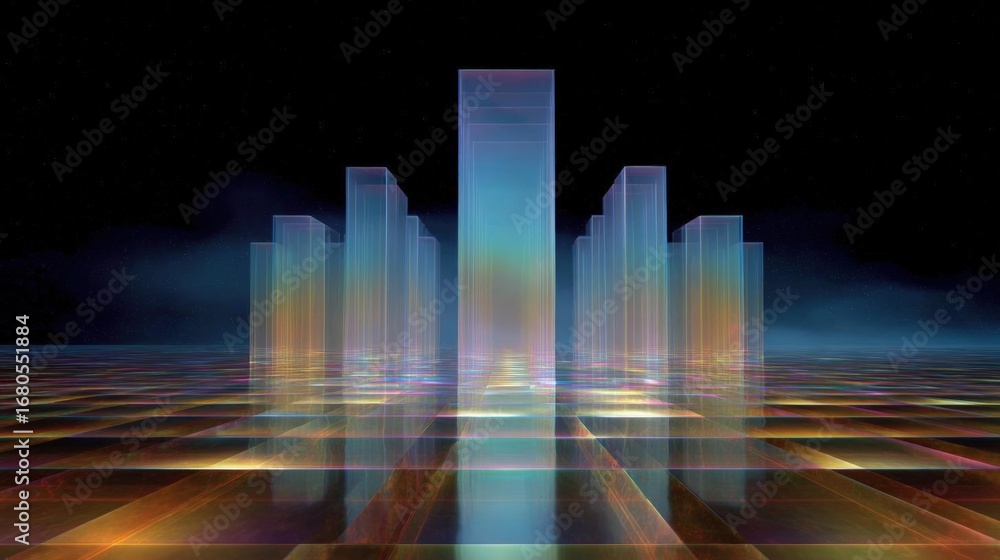 Poster digital art piece that appears to be a futuristic cityscape. it features a tall skyscraper in the ce