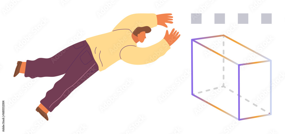 Poster man stretching arms forward in motion toward geometric cube with floating squares above. ideal for i