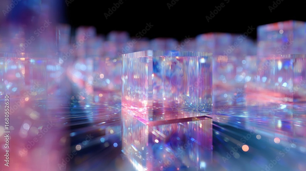 Poster abstract digital art piece that appears to be a 3d rendering of a cube in the center.