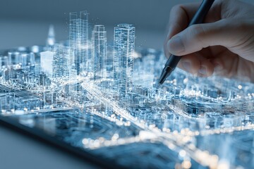 A hand holding a pen, drawing a digital city model on a tablet.  Illuminated lines and glowing structures form a futuristic urban landscape