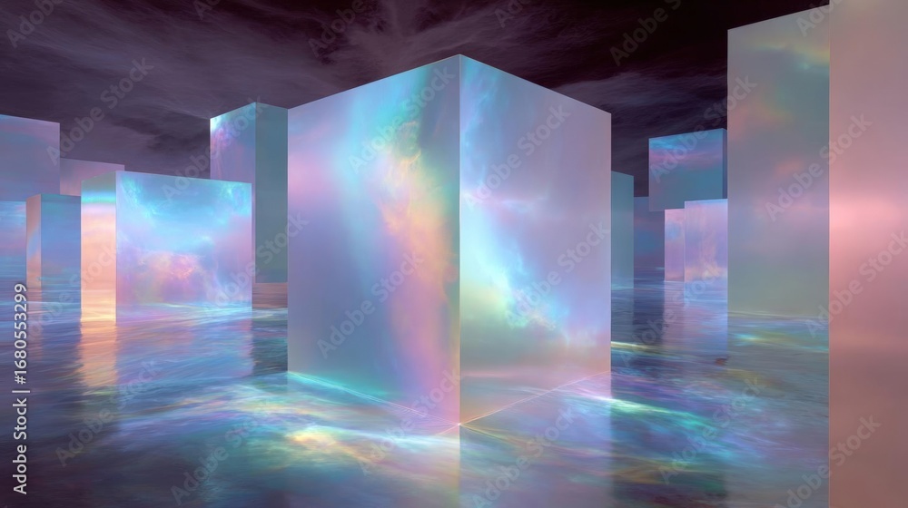 Poster digital art piece that appears to be a futuristic landscape. it features a group of tall, rectangula