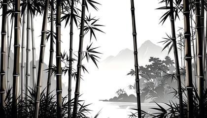 Serene bamboo forest scene, misty mountains