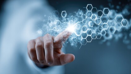 Person's finger interacts with glowing, hexagonal data