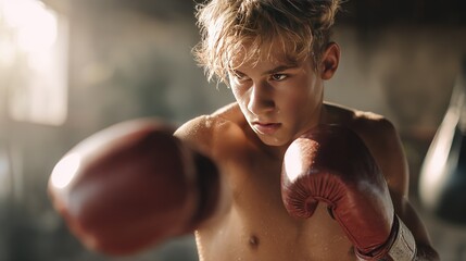 Young athletic male boxer intensely training with red gloves in  dimly lit gym sweat visible on his skin