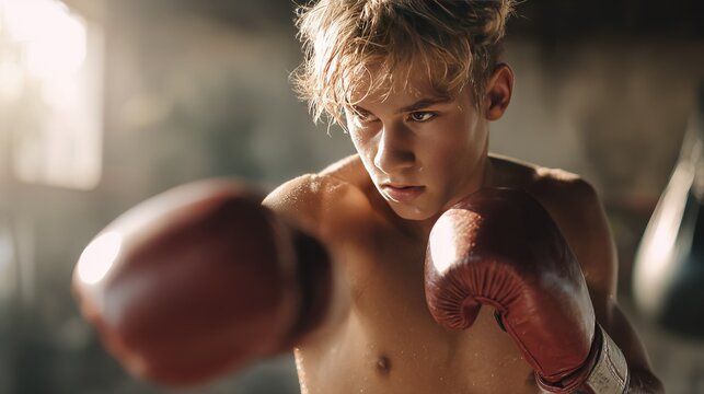 Young athletic male boxer intensely training with red gloves in dimly lit gym sweat visible on his skin - Powered by Adobe