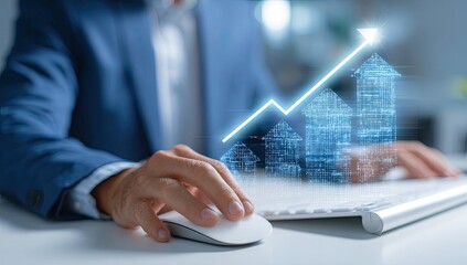 Businessman using a computer, overlaid with a digital upward trend graph