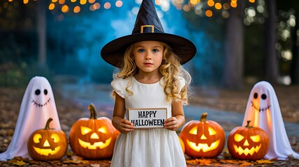 Fototapeta premium Little girl in witch hat holding happy halloween sign with pumpkins and ghosts