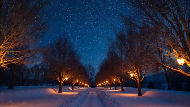 A serene winter night scene with bare trees adorned with glowing lanterns, set against a starry sky. The image evokes a sense of tranquility and wonder, highlighting the beauty of illuminated nature