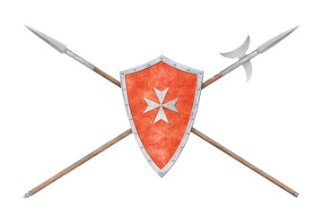 red shield decorated with a cross spear and halberd isolated on white