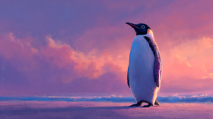 Obraz premium A penguin appears lifelike, standing close on warm sand instead of ice, with soft pastel twilight hues filling the horizon.