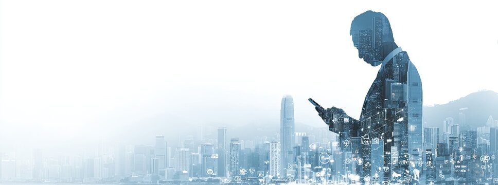 Businessman with phone, double exposure over cityscape