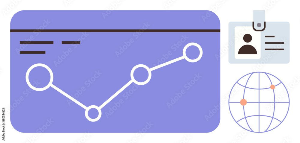 Aufkleber graph chart with trend line, id badge, and globe with points interconnected. ideal for analytics, gl