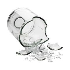 Shattered glass tumbler with broken pieces on transparent background