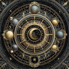 Obraz premium Ornate celestial clock face, dark and gold. Complex, detailed design. Planets and moon phases. Intricate, decorative elements
