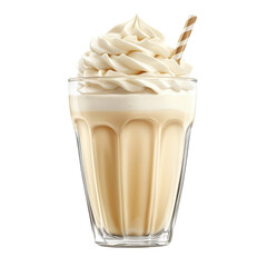 Delicious vanilla milkshake with whipped cream and a striped straw in a clear glass against a perfect for a refreshing treat and dessert on transparent background