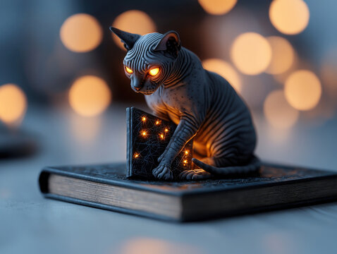 Sphynx cat glowing eyes spellbook mystical candlelight bokeh dark nocturnal feline magic
