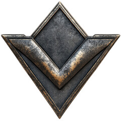 Detailed close up of a weathered metal badge with a diamond and chevron design against a showcasing texture and craftsmanship on transparent background