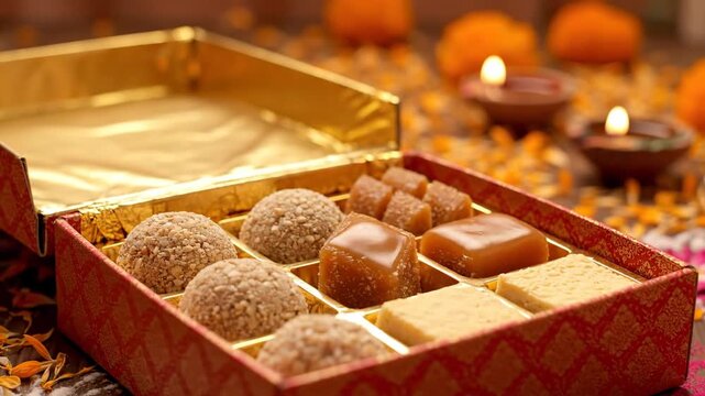 Assorted Indian sweets in a decorative box for Diwali celebration  
