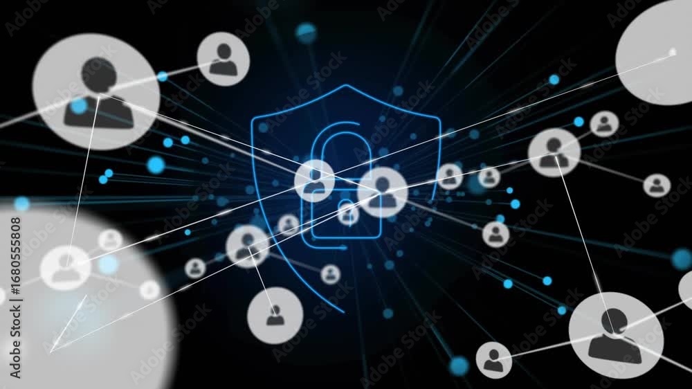 Aufkleber startup initiating security network linking user icons with particles around shield, drifting right