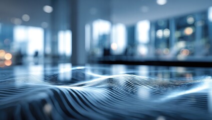 Abstract digital waves on a reflective surface, indoors. Blurred office background