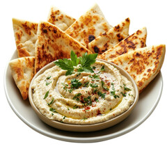 Creamy hummus garnished with parsley and paprika served with warm pita bread triangles on a white plate against a is appetizing on transparent background