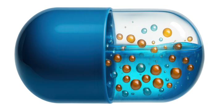 Blue capsule with liquid and beads