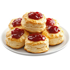 Plate of freshly baked scones topped with vibrant red jam a delightful treat for breakfast or afternoon tea perfect for sharing and enjoying on transparent background