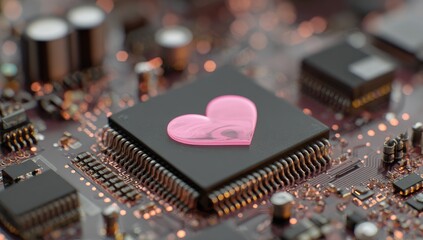 Pink heart on a circuit board. Close-up view