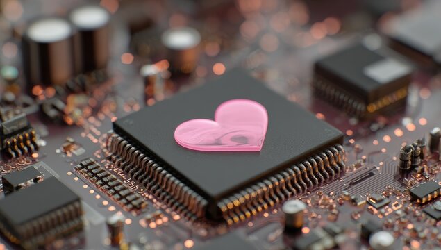 Pink heart on a circuit board. Close-up view