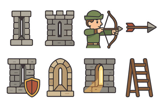 Children's Castle Icons. Flat vector mini-illustrations arrow slit in colors children's illustrations: narrow arrow slit window,