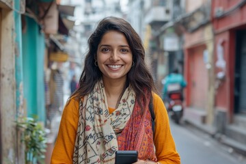 Joyful Indian woman tourist with a smartphone and coffee explores city streets, reflecting the enjoyment of her travel experience, Generative AI