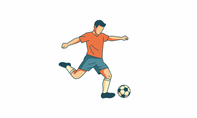 Obraz premium Soccer Player Kicking Ball - Orange Shirt, Blue Shorts, Action Pose.