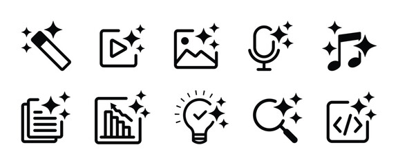 Artificial intelligence icon collection. AI generate buttons containing photo, video, audio, coding and more for app and website. Transparent vector