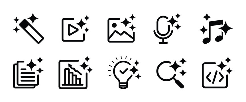 Artificial intelligence icon collection. AI generate buttons containing photo, video, audio, coding and more for app and website. Transparent vector