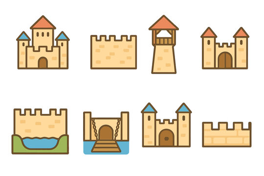 Ancient Defense Icons. Flat vector mini-illustrations ancient defense structures in colors children's illustrations: fortress,