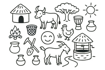 Botswana Village Doodle. Hand-drawn doodle illustration Botswanan village life hut, fire pit, basket, water pot, cattle, tree,