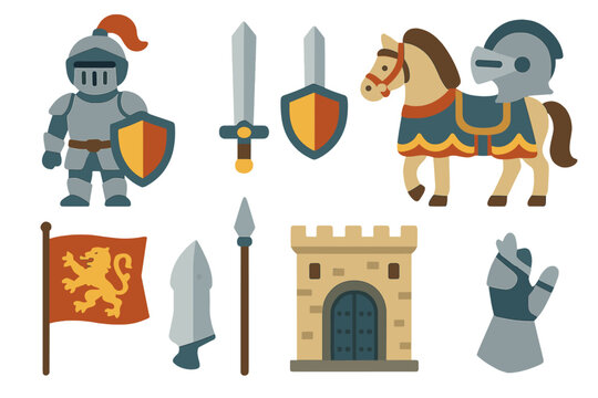 Children's Knight Icons. Flat vector mini-illustrations knight in colors children's illustrations: knight in armor, sword and