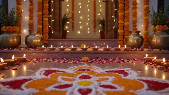 Decorative flower rangoli and flickering diyas for Diwali festival  