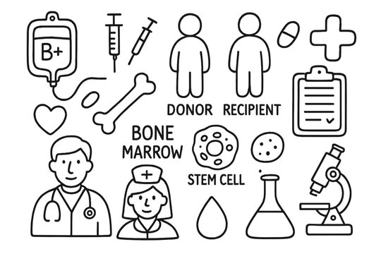 Bone Marrow Donation Icons. Hand-drawn doodle illustration bone marrow donation blood bag, syringe, donor, recipient, clipboard,