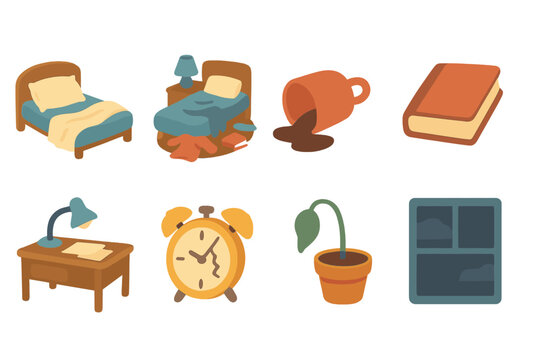 Childhood Chaos Grid. Flat vector mini-illustrations depression daily struggles in colors children's illustrations: empty bed,