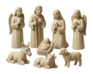 Hand-carved stone nativity set with rough texture