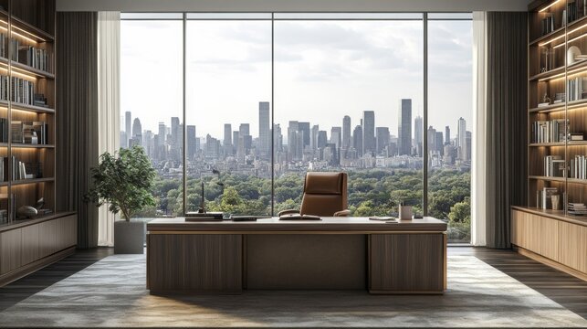 Modern Executive Office With City View And Built In Bookshelves