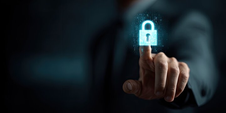 A person in a suit touches a glowing lock icon