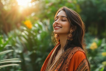 Joyful Indian woman enjoys a leisurely stroll in a lush city park setting, soaking in the beauty of nature while walking through the urban park, Generative AI