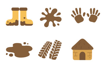 Colorful Muddy Icons. Flat vector mini-illustrations mud in colors children's illustrations: muddy boots, splashing mud, mud
