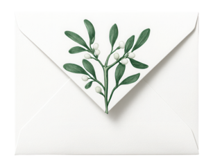White envelope with green mistletoe motif
