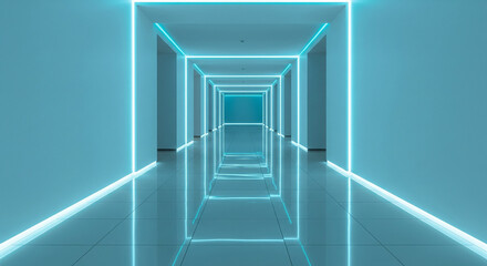 Obraz premium A futuristic, illuminated hallway with glowing rectangular frames, creating a sense of depth.