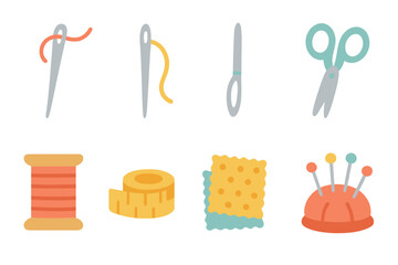 Colorful Sewing Tools. Flat vector mini-illustrations textile needles in colors children's illustrations: sewing needle,