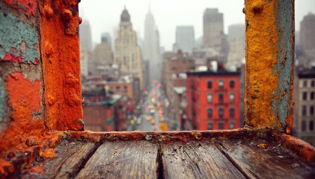 Fototapeta Cityscape seen through weathered metal frame