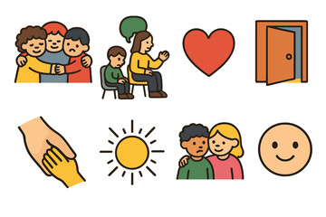 Children's Support Icons. Flat vector mini-illustrations suffering and support in colors children's illustrations: group hug,